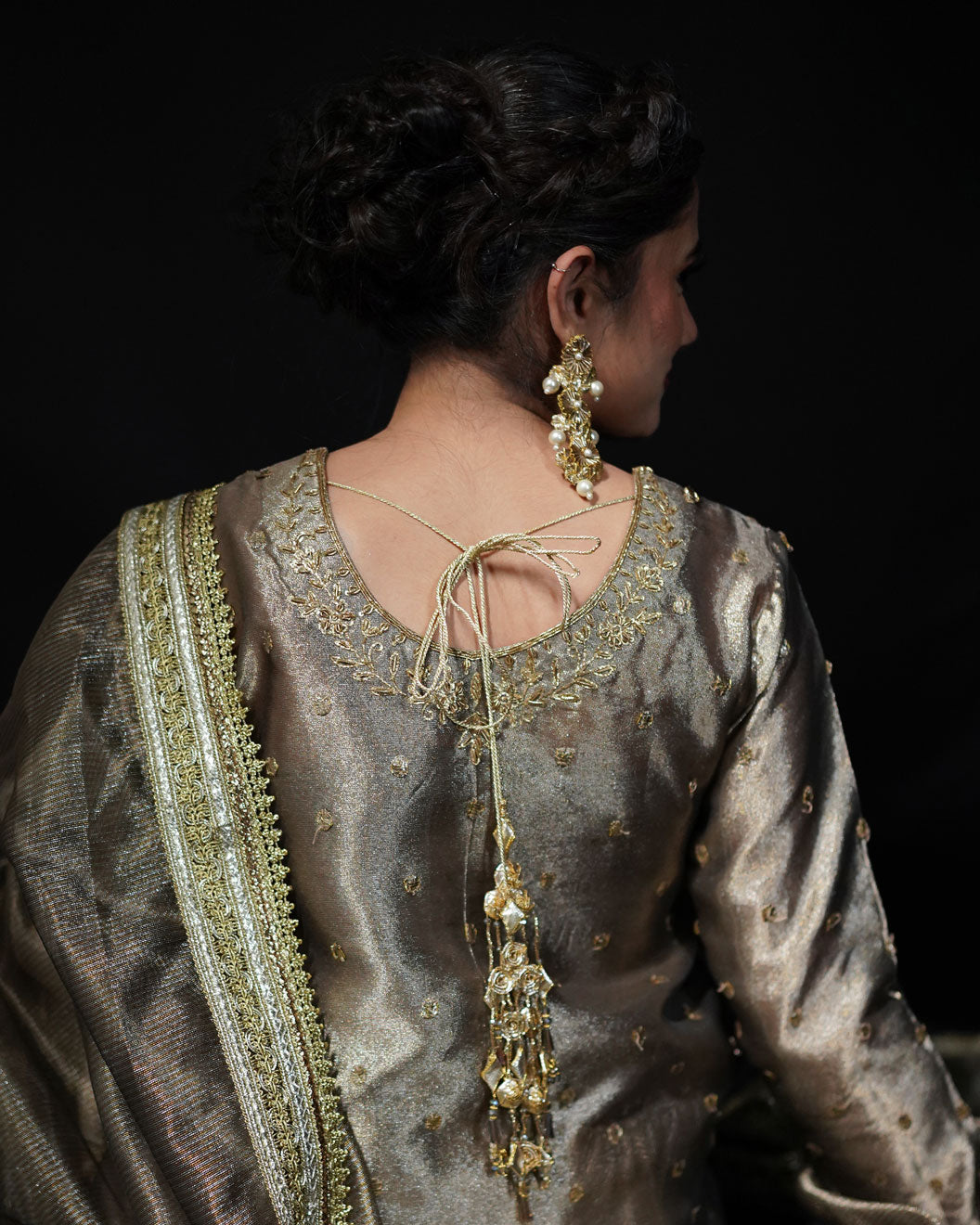 Grey and Golden 3-Piece Embroidered Tissue Lehenga – Saanvi For Women