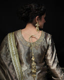 Grey and Golden 3-Piece Embroidered Tissue Lehenga – Saanvi For Women