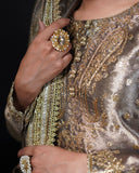 Grey and Golden 3-Piece Embroidered Tissue Lehenga – Saanvi For Women