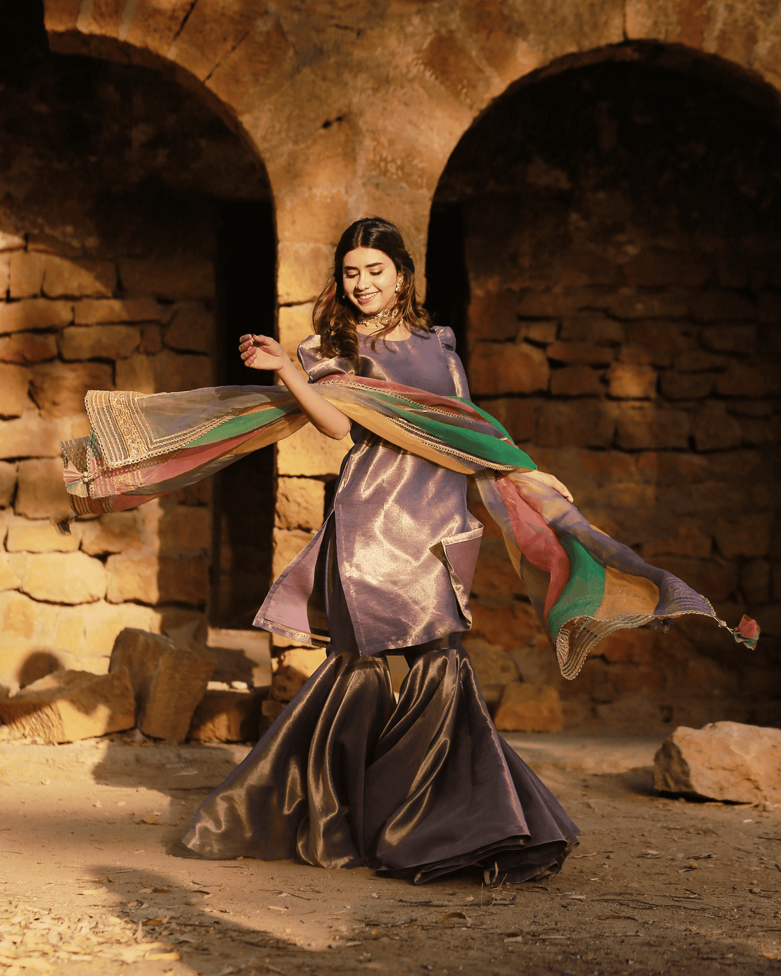 Gul Yaas – 3 Piece Lilac Tissue Gharara Set For Women