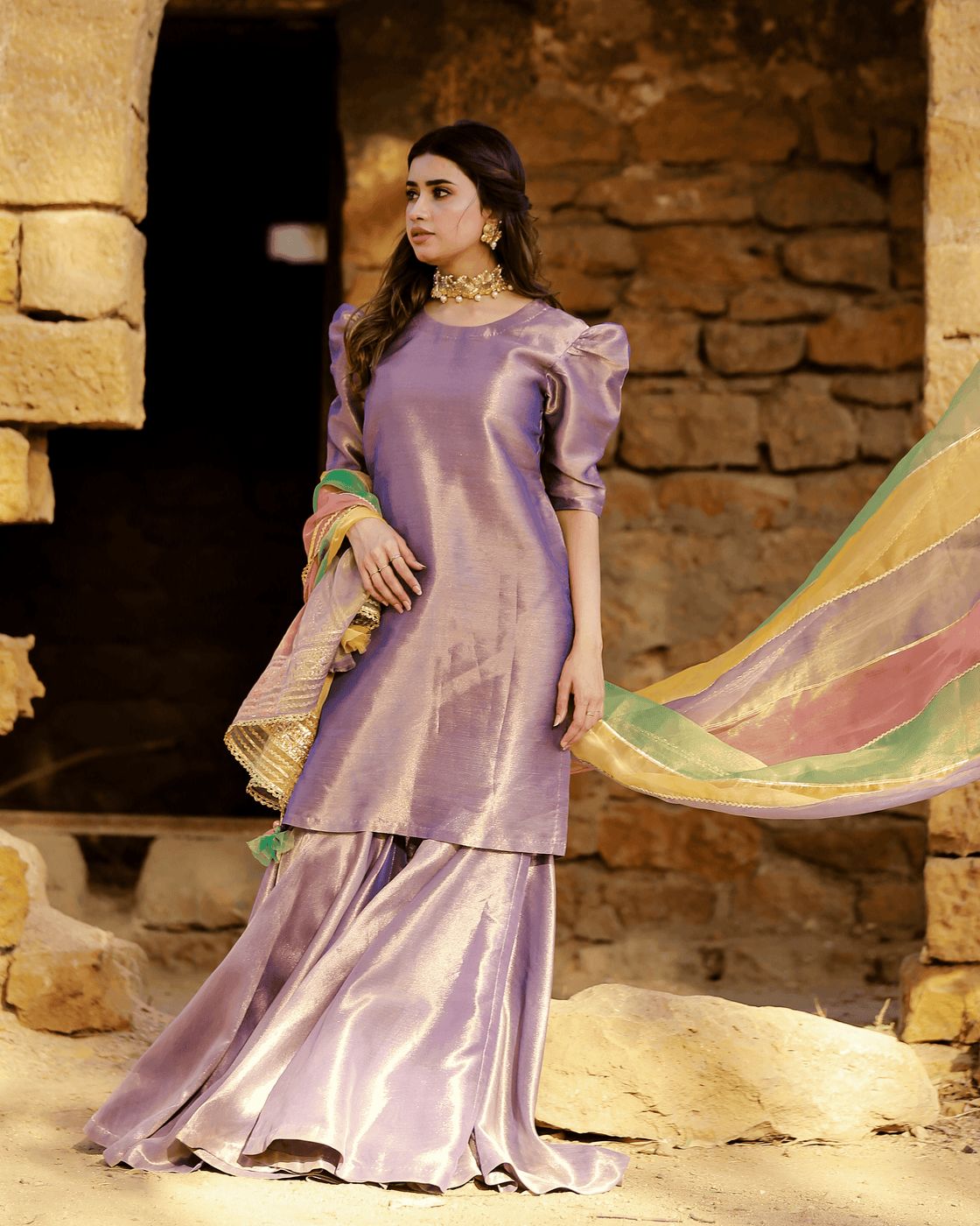 Gul Yaas – 3 Piece Lilac Tissue Gharara Set For Women