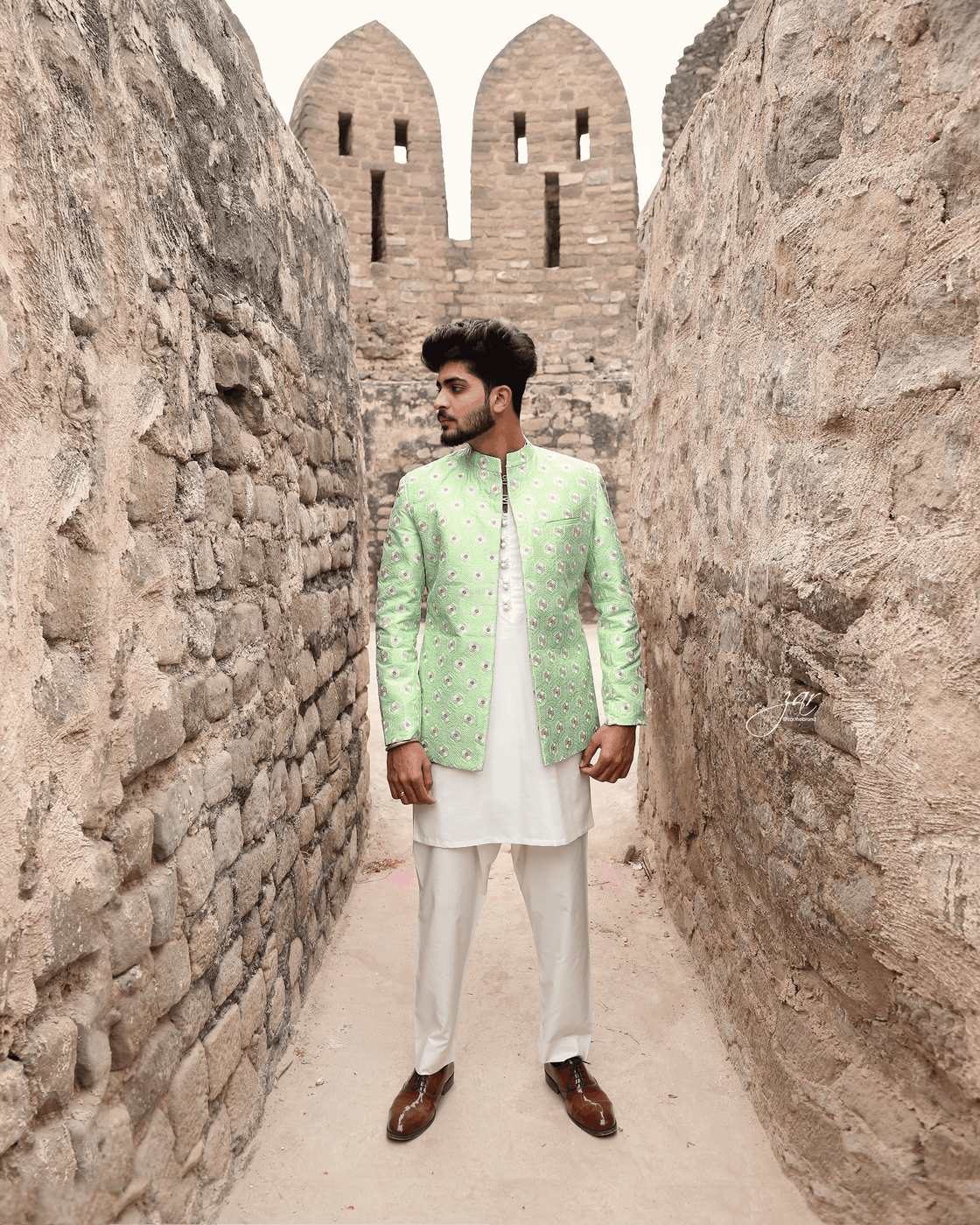 Mint Embroidered Brocade Prince Coat For Men