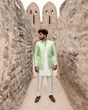 Mint Embroidered Brocade Prince Coat For Men