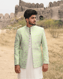 Mint Embroidered Brocade Prince Coat For Men