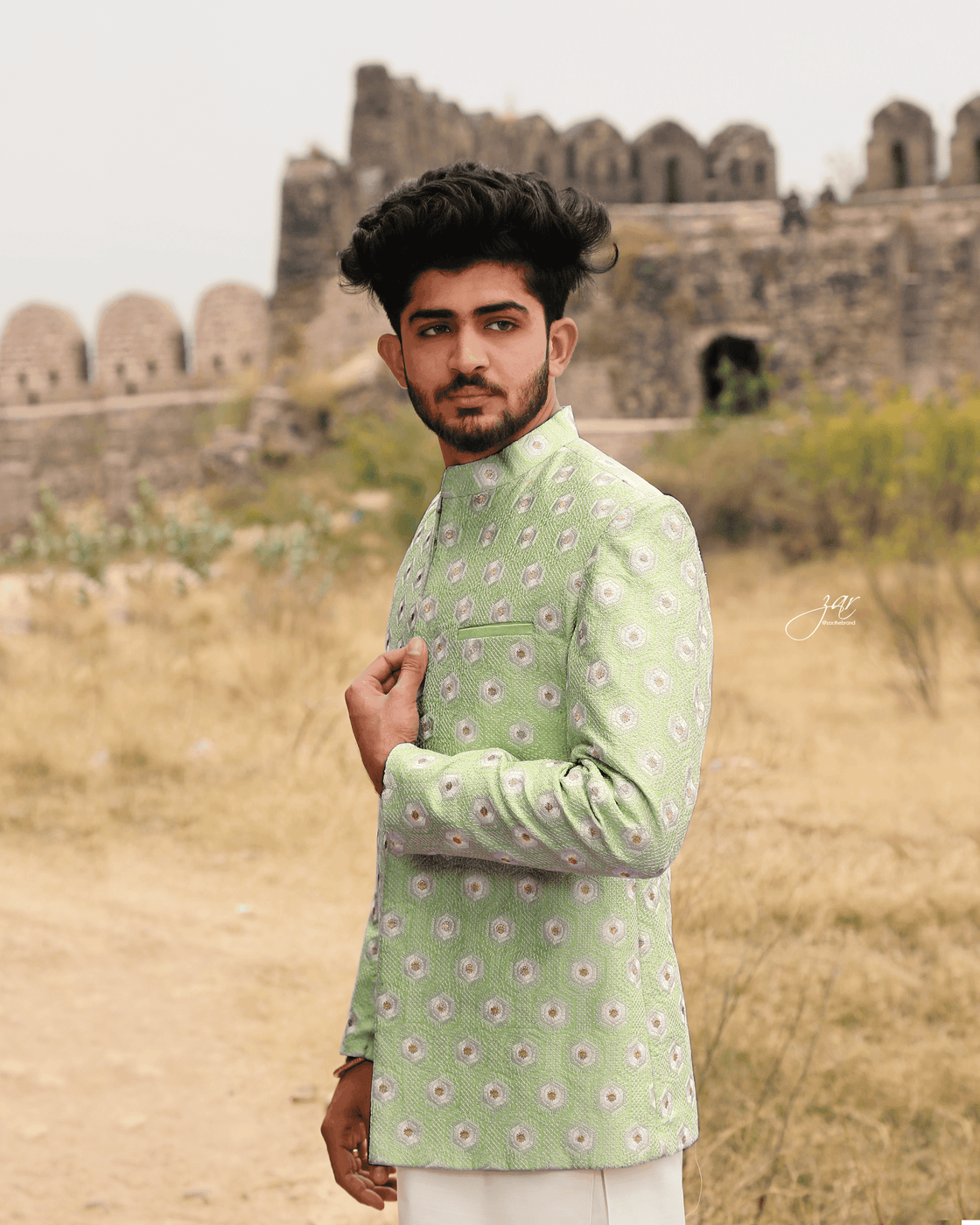 Mint Embroidered Brocade Prince Coat For Men