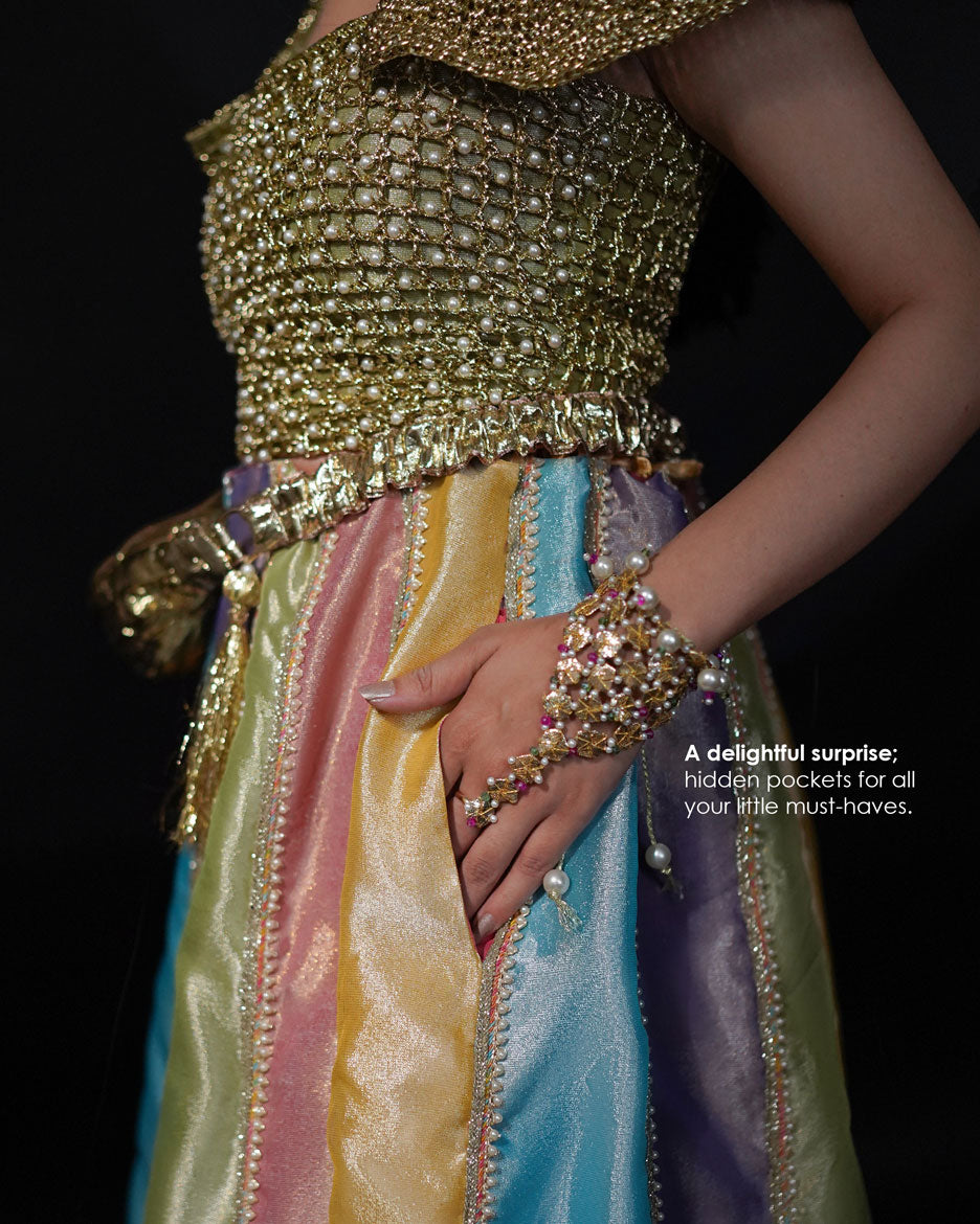 Multi-Color 3-Piece Crochet Tissue Lehenga – Iraah For Women