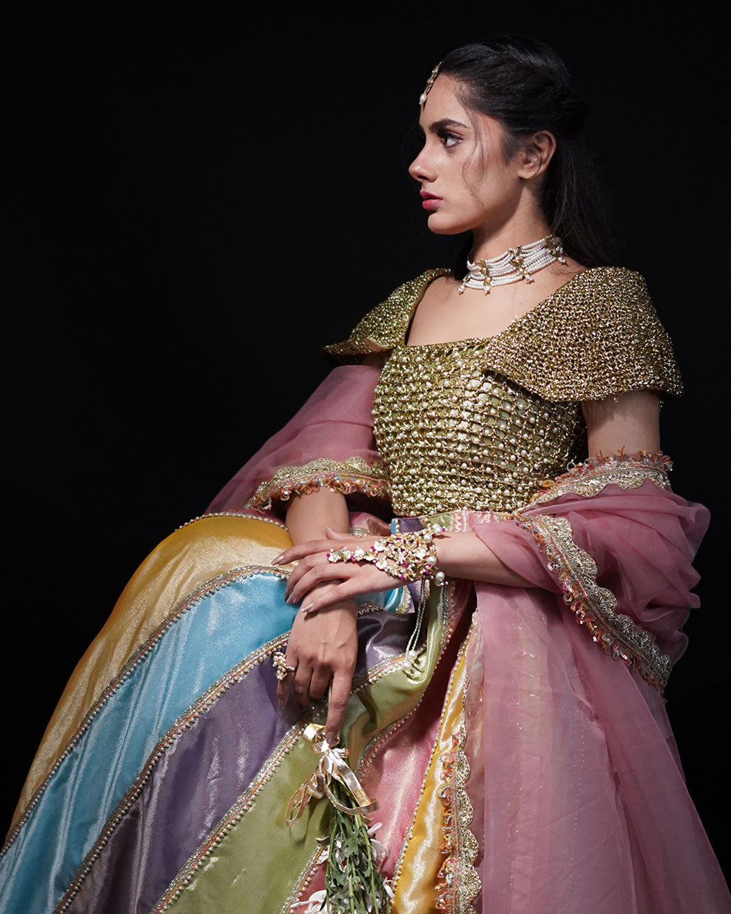 Multi-Color 3-Piece Crochet Tissue Lehenga – Iraah For Women