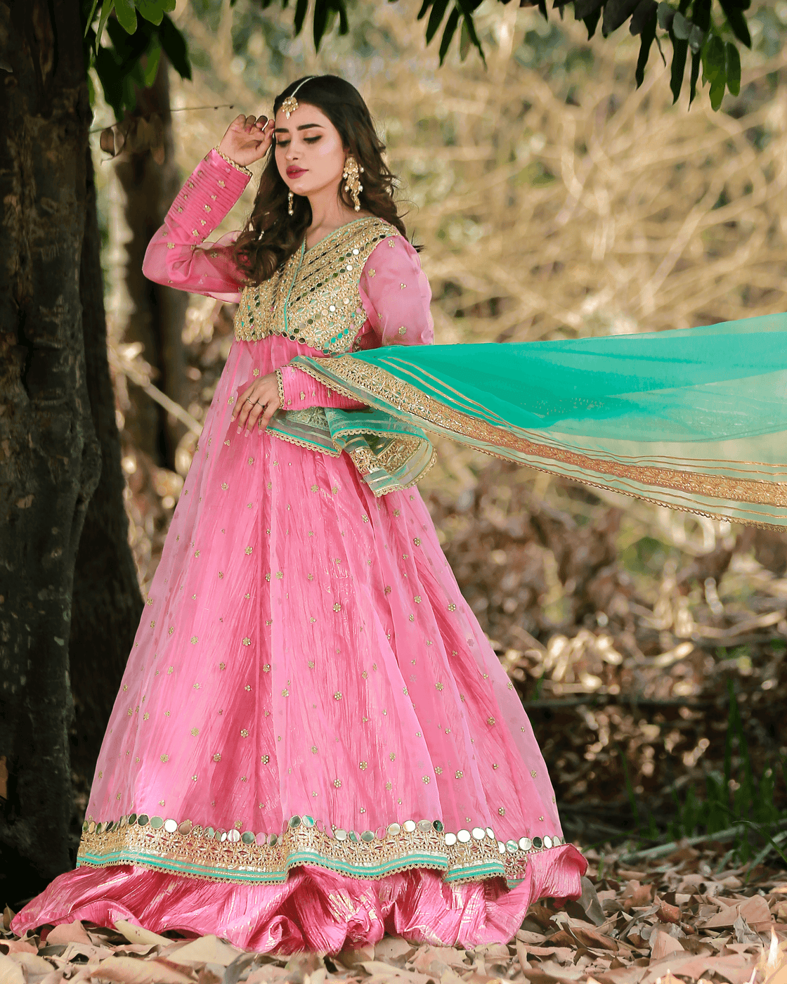 Bahar Bano – 3 Piece Pink & Turquoise Embroidered Kalidaar Set For Women