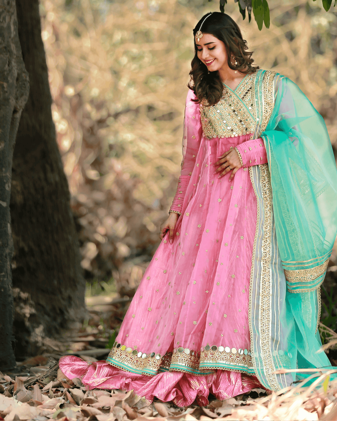 Bahar Bano – 3 Piece Pink & Turquoise Embroidered Kalidaar Set For Women