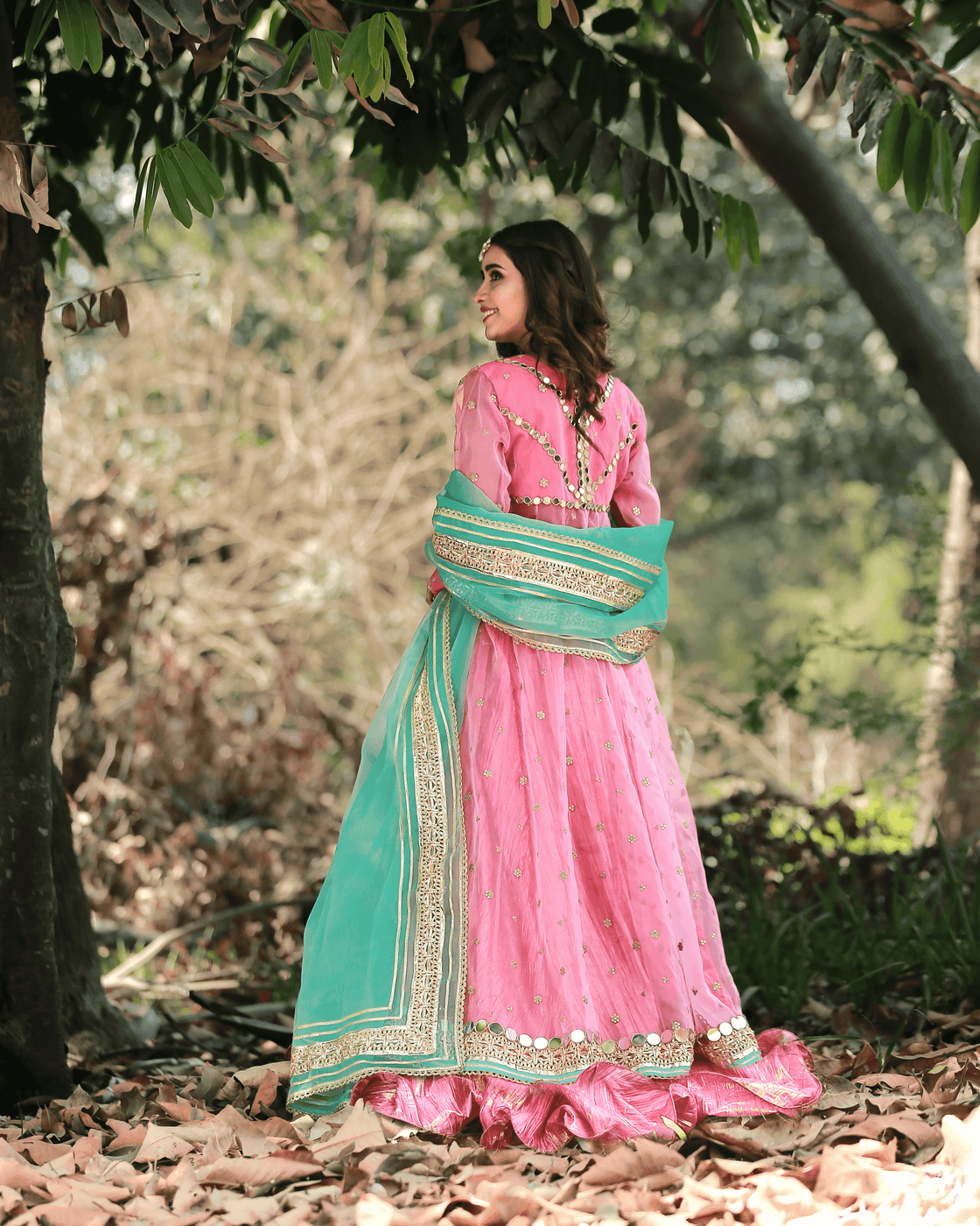 Bahar Bano – 3 Piece Pink & Turquoise Embroidered Kalidaar Set For Women