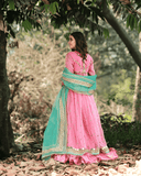 Bahar Bano – 3 Piece Pink & Turquoise Embroidered Kalidaar Set For Women