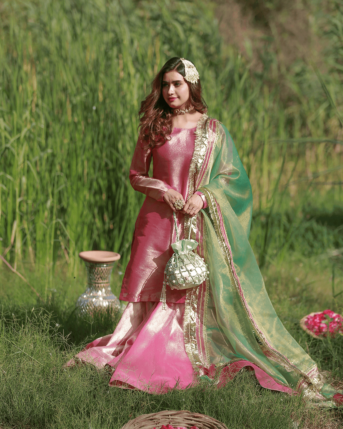 Shabnam – Classic Pink Tissue Gharara Set For Women