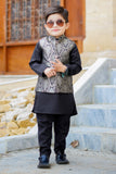 Black Kurta with Golden Jamawar Waistcoat For Boys