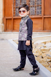 Black Kurta with Golden Jamawar Waistcoat For Boys