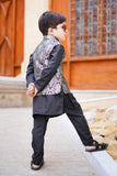 Black Kurta with Golden Jamawar Waistcoat For Boys