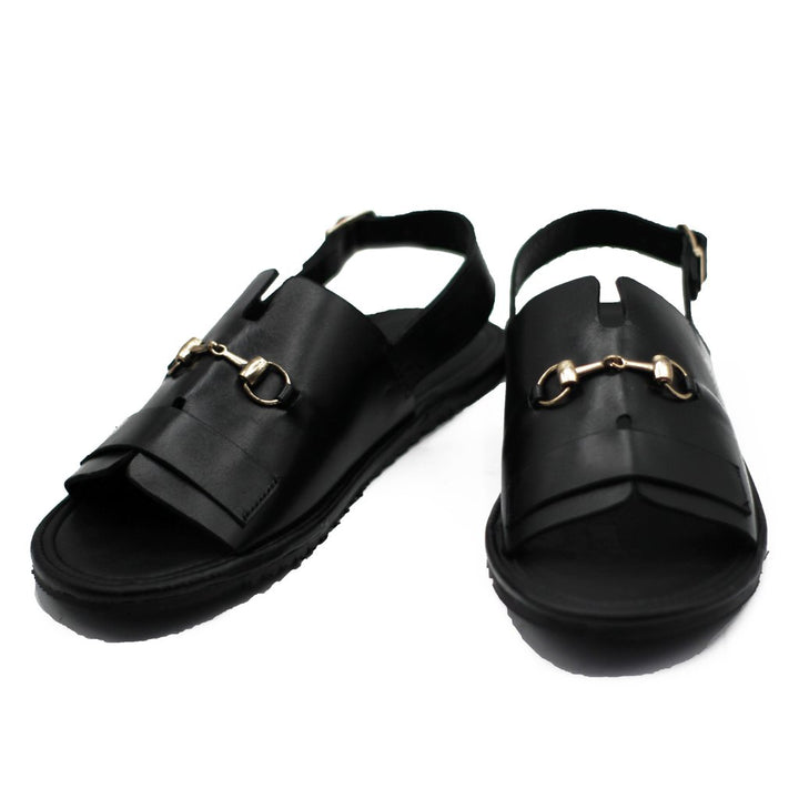 Black With Golden Buckle Design Sandals For Men