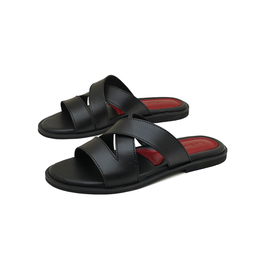 Premium Black Leather Classic Slippers For Men