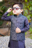 Black Kurta with Grey Jamawar Waistcoat For Boys