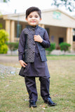 Black Kurta with Grey Jamawar Waistcoat For Boys