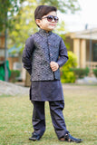 Black Kurta with Grey Jamawar Waistcoat For Boys