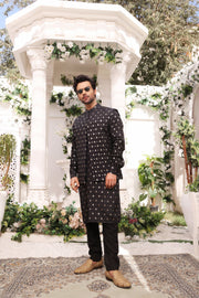 Black Mirror Embroidery Self Cotton Fabric Kurta Pajama For Men