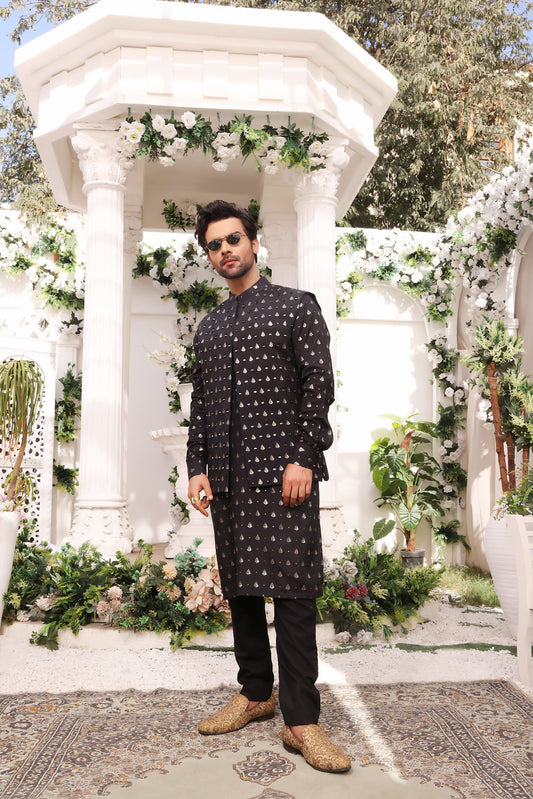 Black Mirror Embroidery Self Cotton Fabric Kurta Pajama For Men