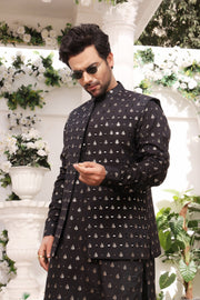 Black Mirror Embroidery Self Cotton Fabric Kurta Pajama For Men
