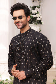 Black Color Mirror Embroidered Self-Cotton Kurta Pajama For Men