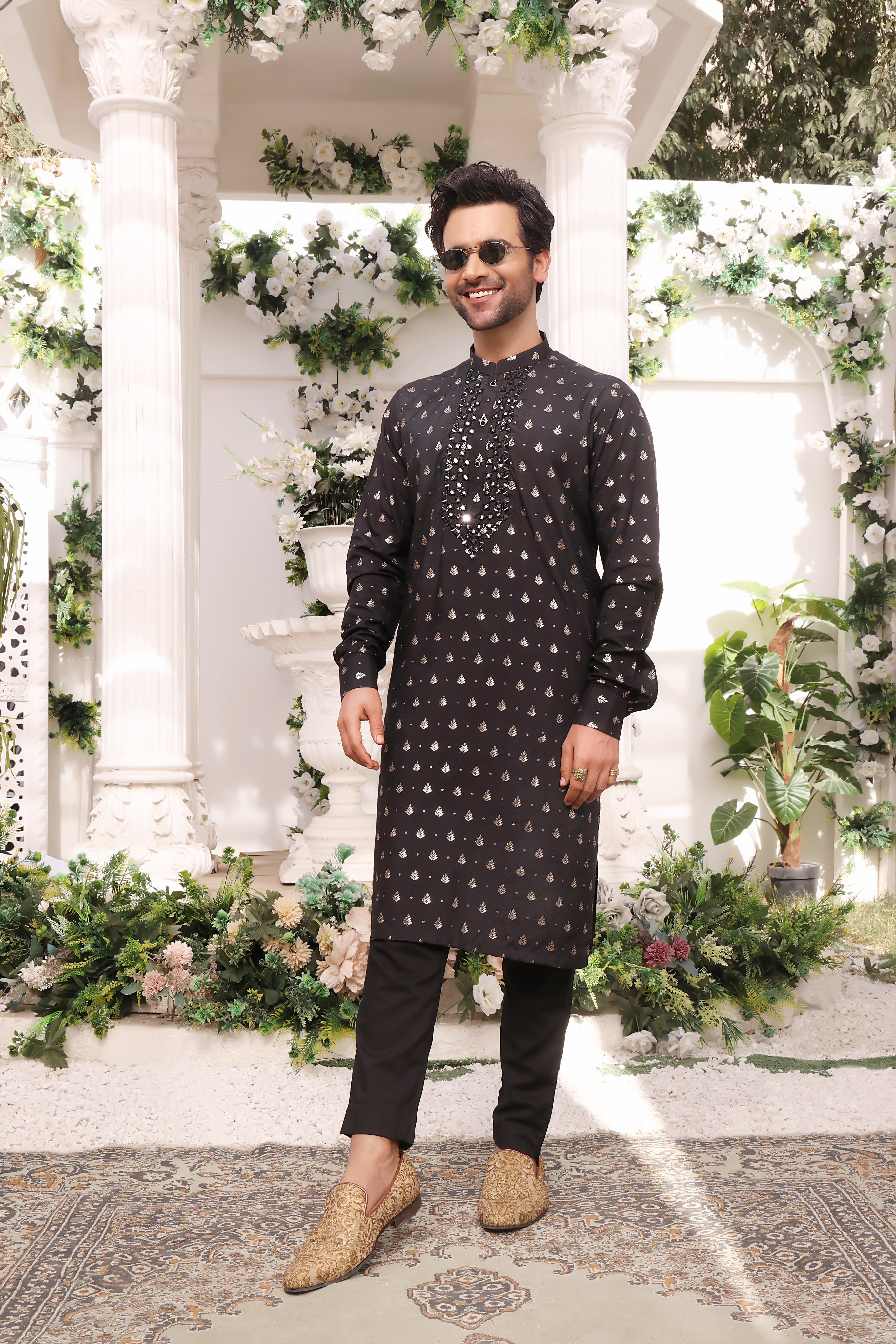 Black Color Mirror Embroidered Self-Cotton Kurta Pajama For Men