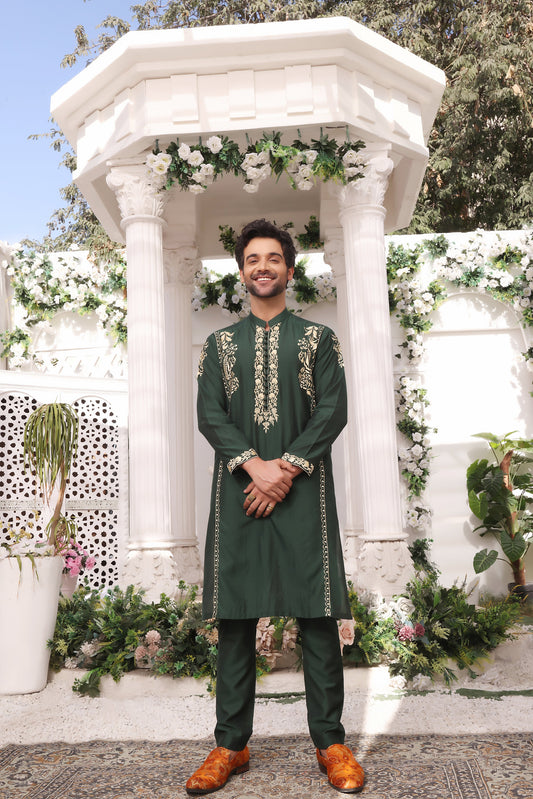 Green Color Gold Embroidery Self Cotton Fabric Kurta Pajama For Men