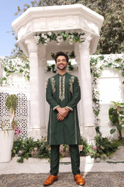 Green Color Gold Embroidered Self-Cotton Kurta Pajama For Men