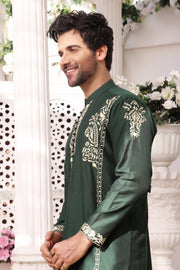Green Color Gold Embroidered Self-Cotton Kurta Pajama For Men