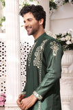 Green Color Gold Embroidery Self Cotton Fabric Kurta Pajama For Men