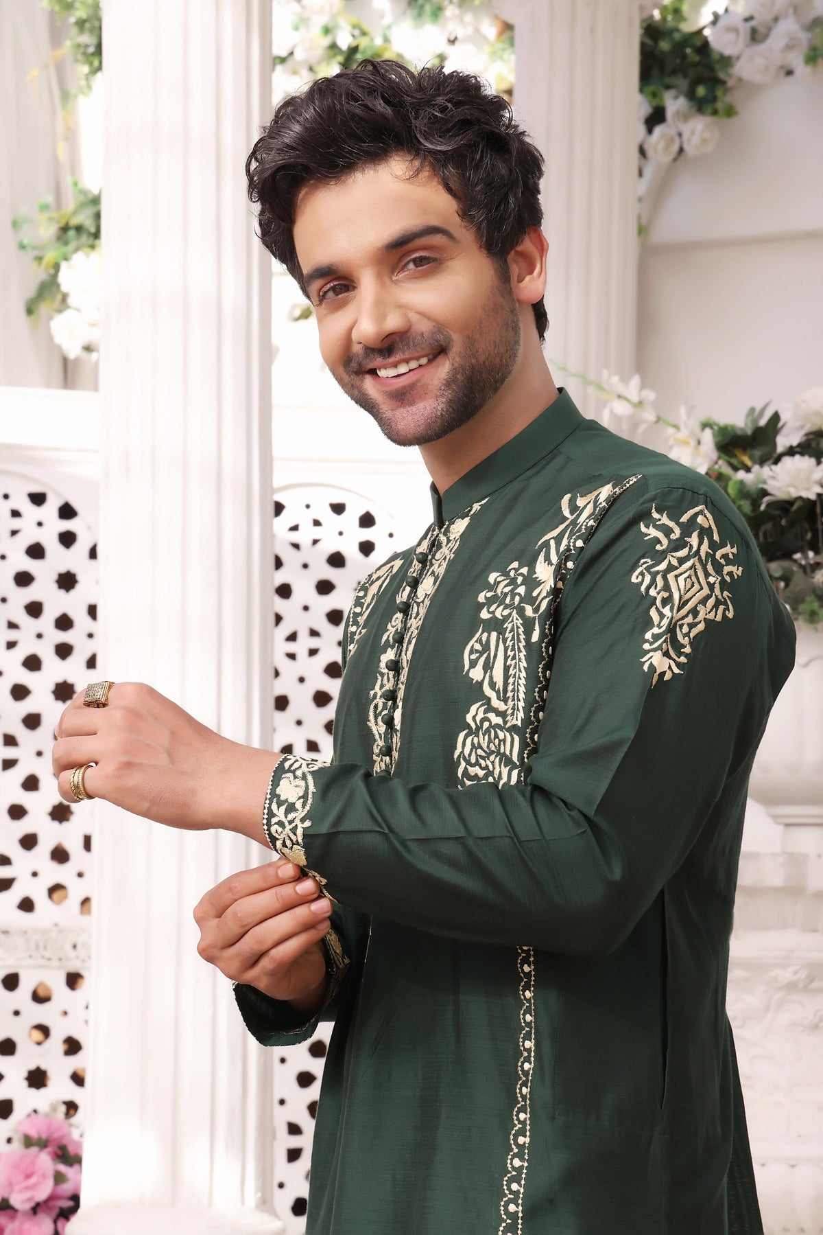 Green Color Gold Embroidered Self-Cotton Kurta Pajama For Men