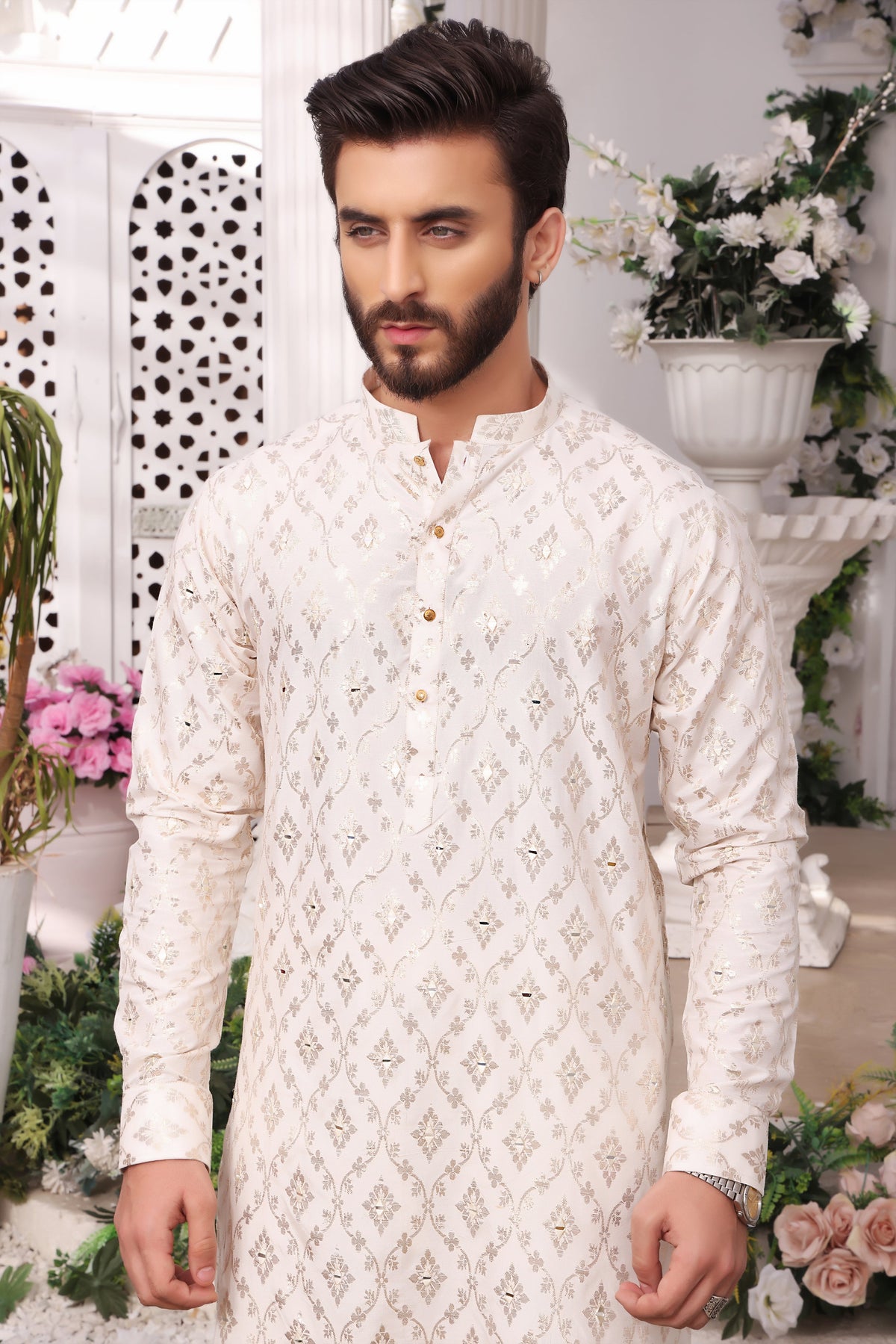 White Color Mirror Embroidered Self Cotton Kurta Pajama For Men