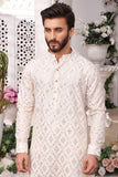 White Mirror Embroidery Self Cotton Silk Kurta Pajama For Men