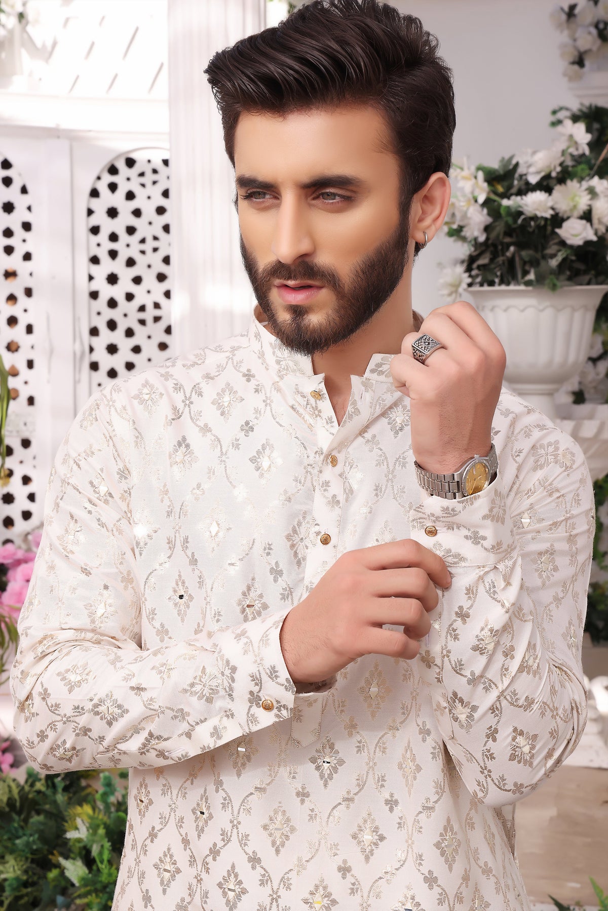 White Mirror Embroidery Self Cotton Silk Kurta Pajama For Men