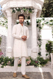 White Color Mirror Embroidery Self Cotton Fabric Kurta Pajama For Men