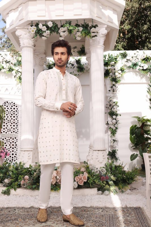 White Color Mirror Embroidery Self Cotton Fabric Kurta Pajama For Men