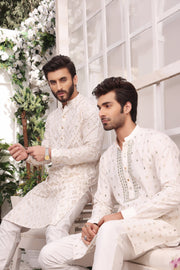 White Color Mirror Embroidered Self-Cotton Kurta Pajama For Men