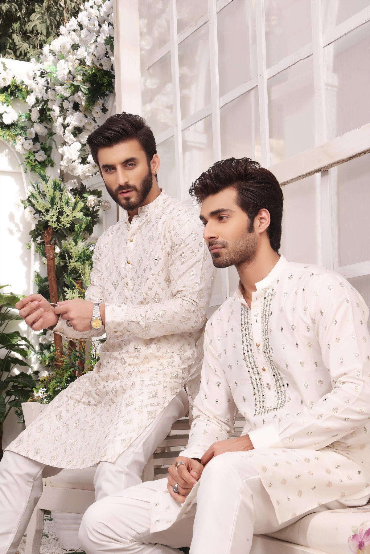 White Color Mirror Embroidered Self-Cotton Kurta Pajama For Men