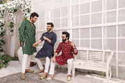 Red Mirror Embroidery Self Cotton Fabric Kurta Pajama For Men