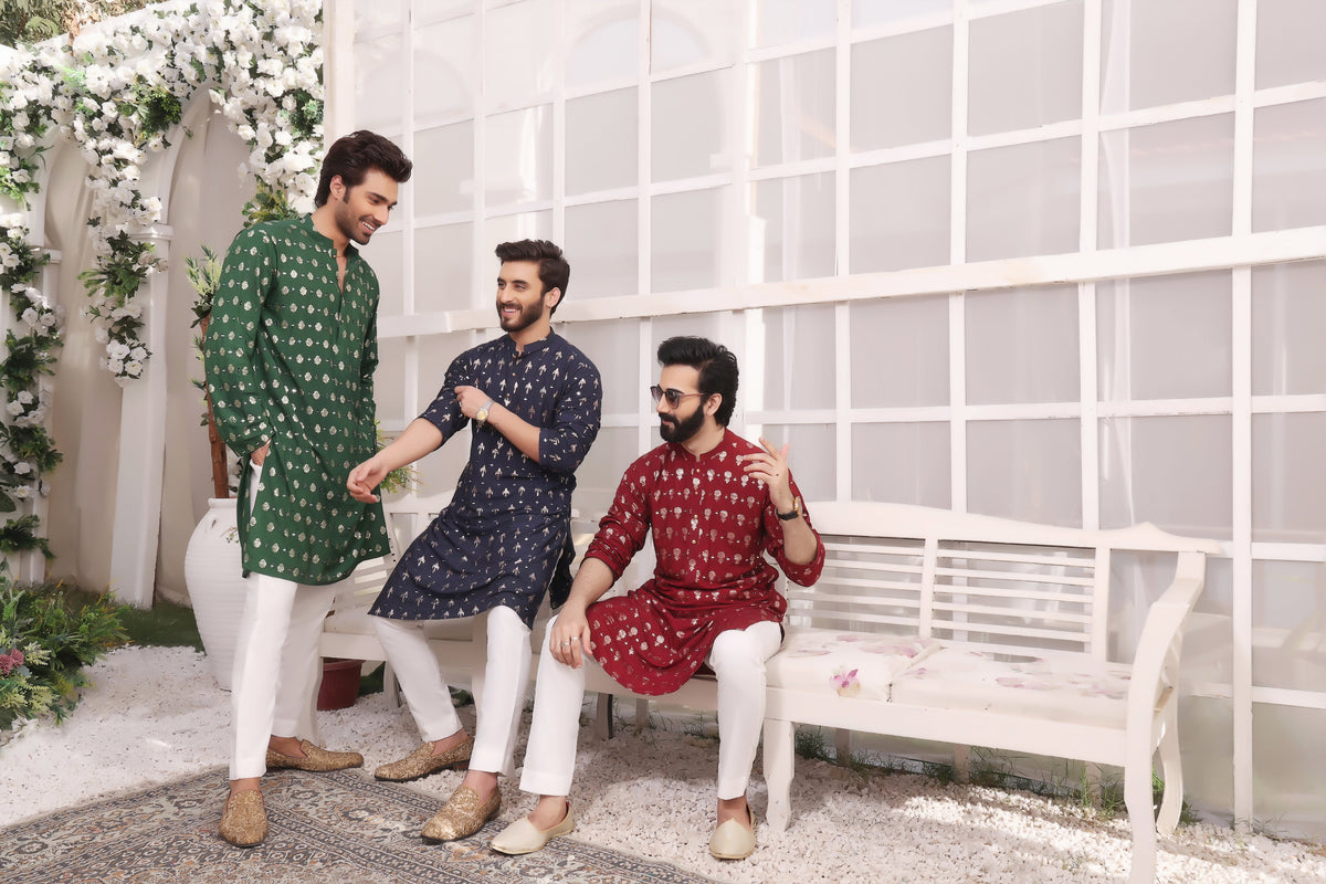 Red Mirror Embroidery Self Cotton Fabric Kurta Pajama For Men