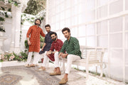 Red Mirror Embroidery Self Cotton Fabric Kurta Pajama For Men