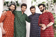 Red Mirror Embroidery Self Cotton Fabric Kurta Pajama For Men