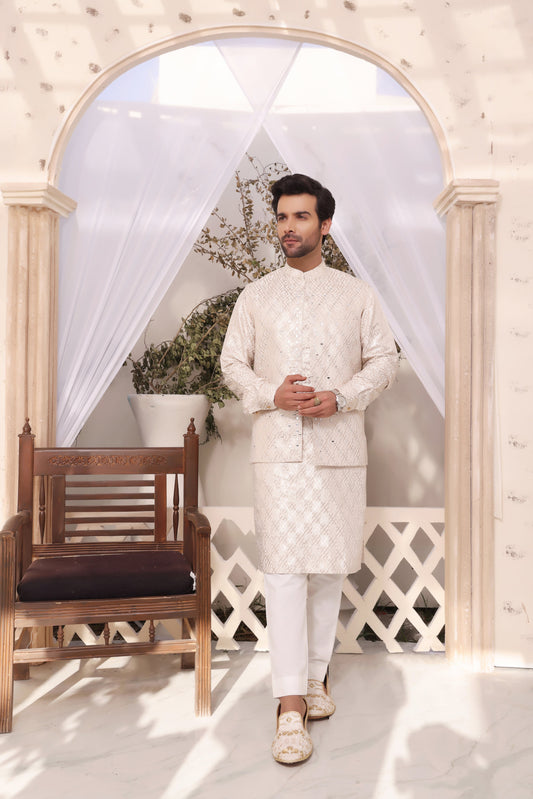 Golden Color Mirror Embroidery Self Cotton Fabric Kurta Pajama & Waist Coat For Men