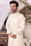 Golden Color Mirror Embroidery Self Cotton Fabric Kurta Pajama & Waist Coat For Men