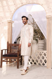 Golden Color Mirror Embroidery Self Cotton Fabric Kurta Pajama & Waist Coat For Men