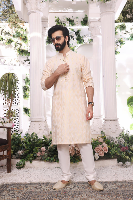 Golden Color Mirror Embroidery Self Cotton Fabric Kurta Pajama For Men