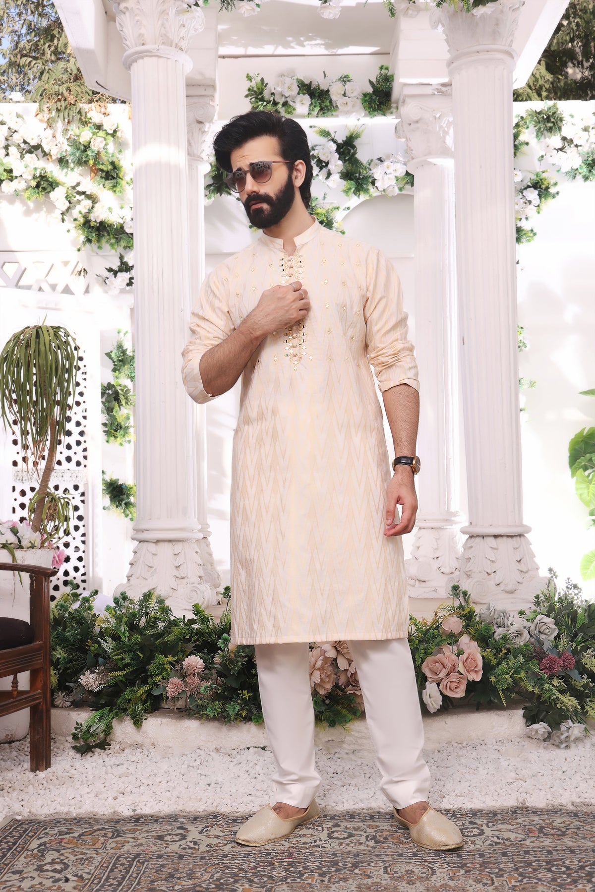 Golden & White Color Mirror Embroidered Self-Cotton Kurta Pajama For Men